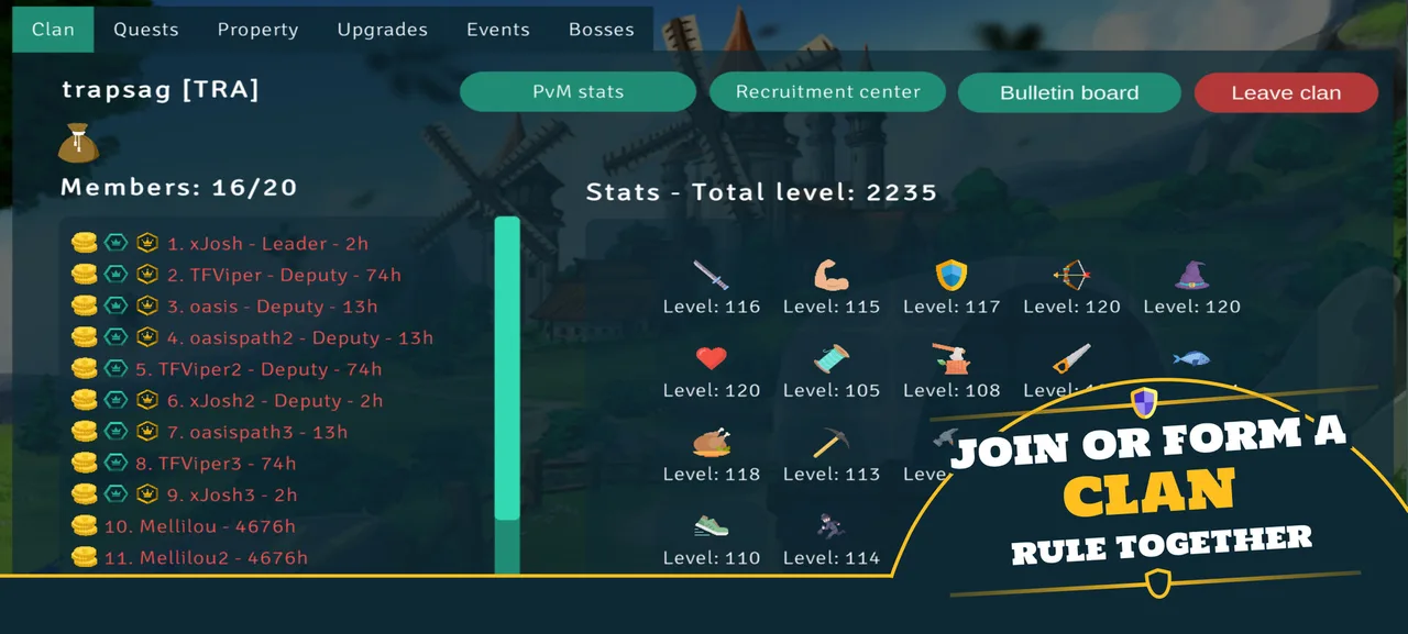 A clan roster and shared skill levels in Idle Clans