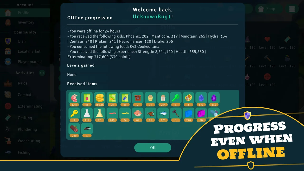 An offline progress summary showing experience, combat rewards and items earned