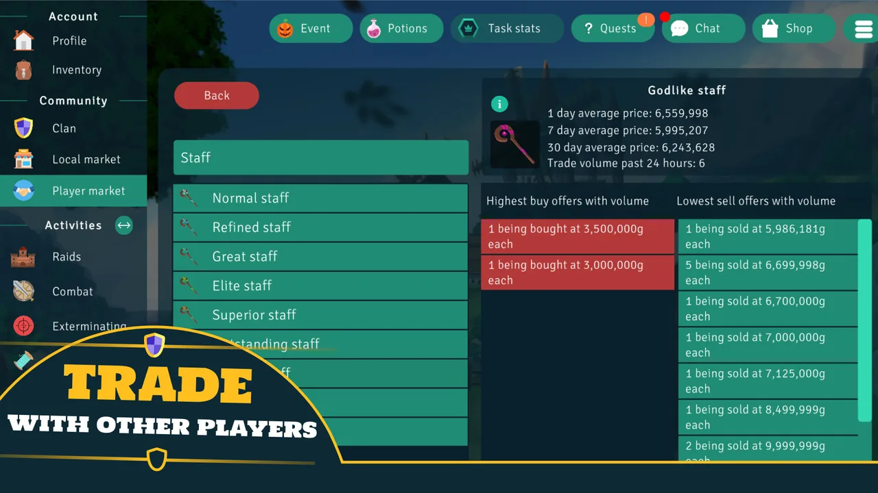 The Idle Clans player market, where players buy and sell items