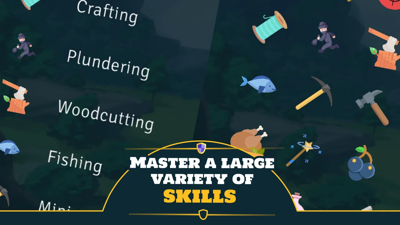 Idle Clans gathering and crafting skills, including woodcutting, fishing and mining